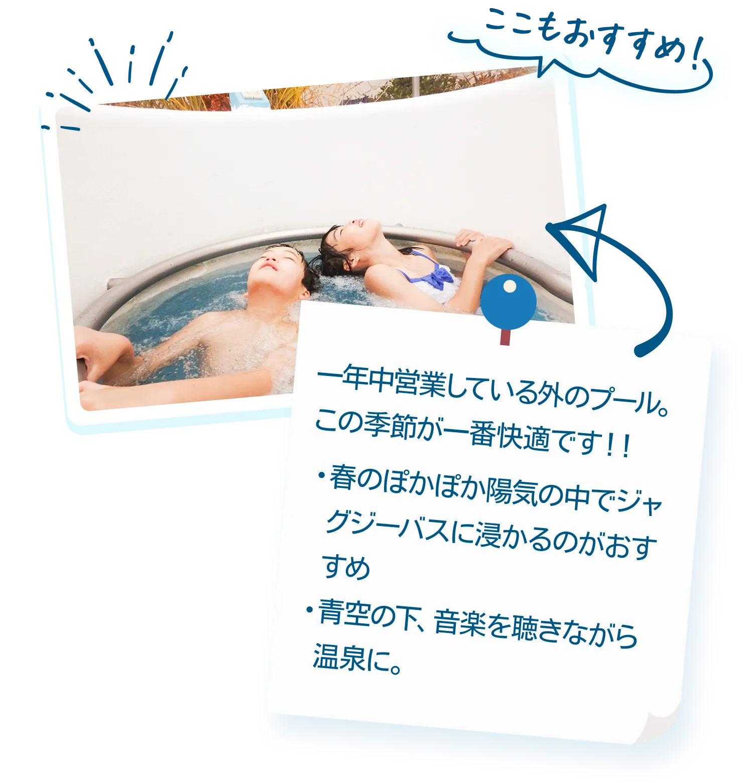 ここもおすすめ！|一年中営業している外のプール。この季節が一番快適です!!|・春のぽかぽか陽気の中でジャグジーバスに浸かるのがおすすめ・青空の下、音楽を聴きながら温泉に。