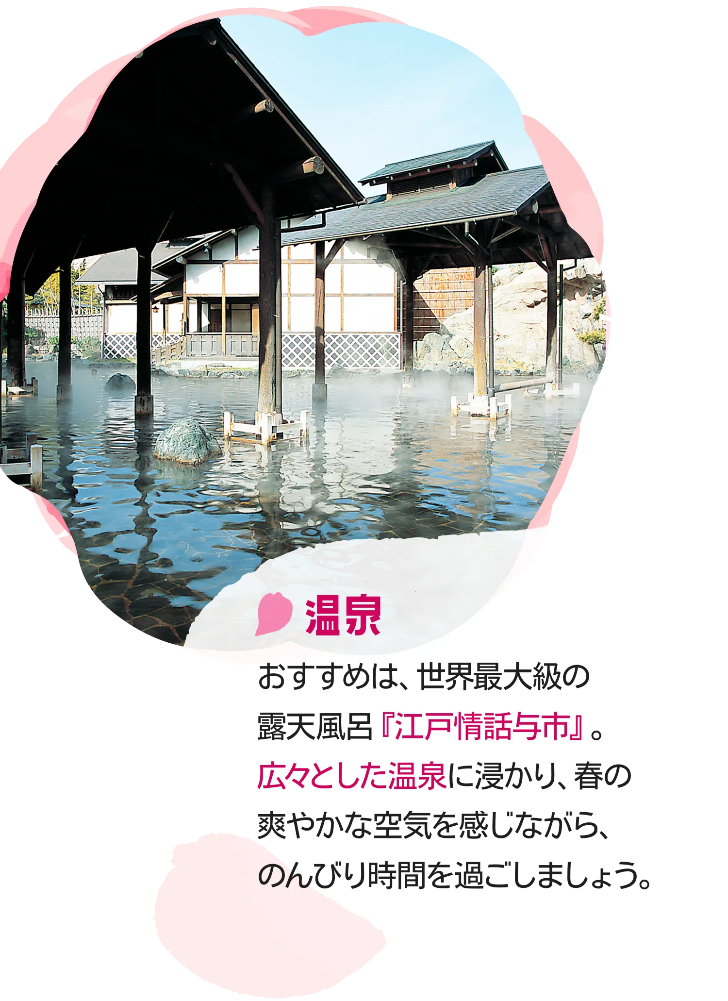 温泉|おすすめは、世界最大級の露天風呂『江戸情話与市』。広々とした温泉に浸かり、春の爽やかな空気を感じながら、のんびり時間を過ごしましょう。